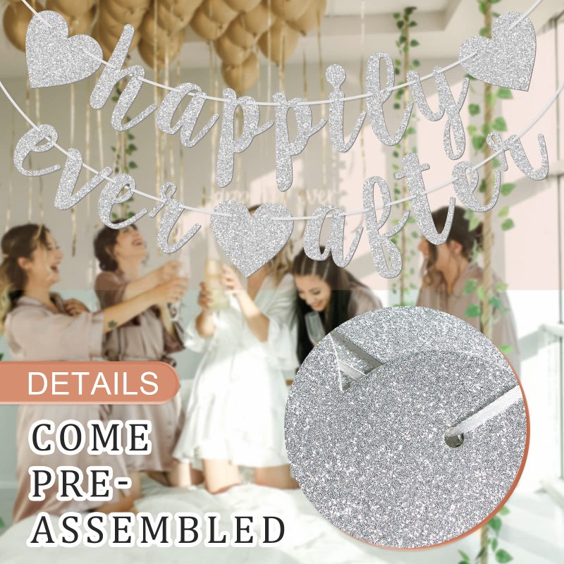 FOZEE Happily Ever After Silver Glitter Bunting Banner, Engagement, Bridal Shower, Wedding Party Photo Booth Props Signs,Pre-Strung Cursive Bunting - Image 5